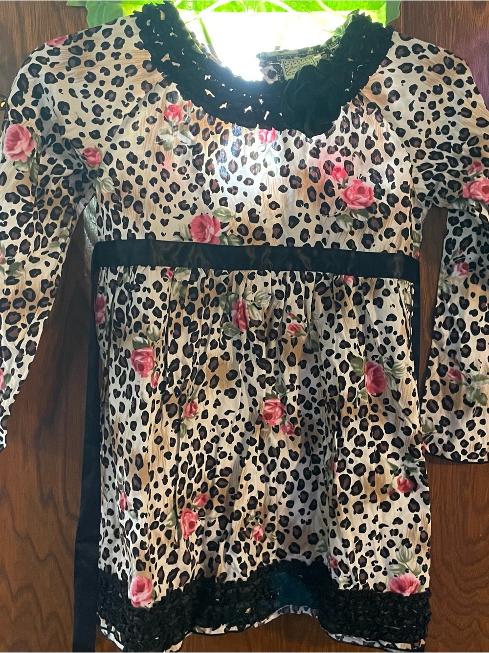 Ann Loren Leopard Print Dress with Pink Rose Accents and Black Trim